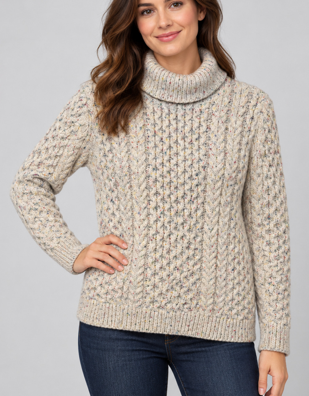 Lands End Womens Medium Flecked Cable Knit Turtleneck Sweater Oatmeal Wool Blend